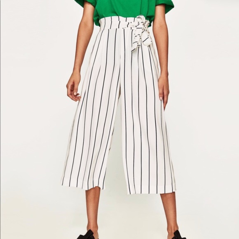 Zara High Waisted Striped Culottes Cropped Pants